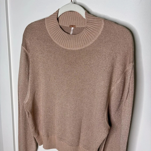 Free People Starry Night Shimmer Sweater Pullover Cream Metallic Holiday Party M - Picture 4 of 9